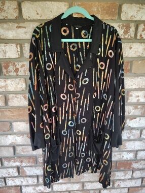 Lotus Traders Black Geometric Artsy Button Front Kimono Jacket Cardigan Sz 3X